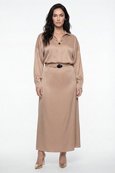 EXİTLİNE Women's Beige Summer Belted Satin Top and Bottom Set with Accessories