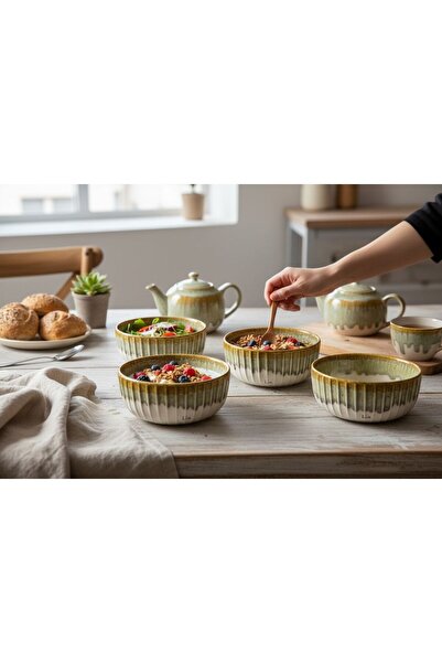 Lia Gordion 12 cm Porselen 4'lü Kase Seti - Kahve Haki