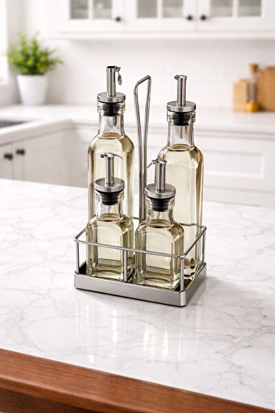 Düzen Ev Cam Yağlık Sirkelik Seti Standlı – 4’lü Metal Standlı Yağdanlık