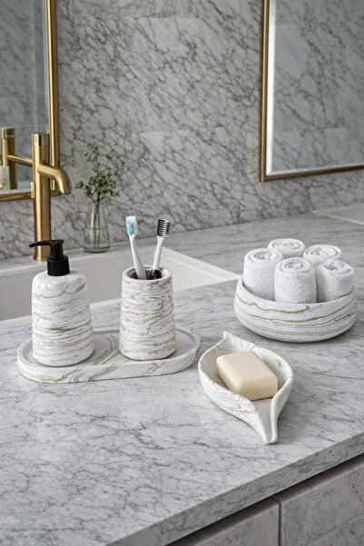 Zigzag Home Decorative 5-Piece Marble Pattern Oval Bathroom Set Solid and Liq...