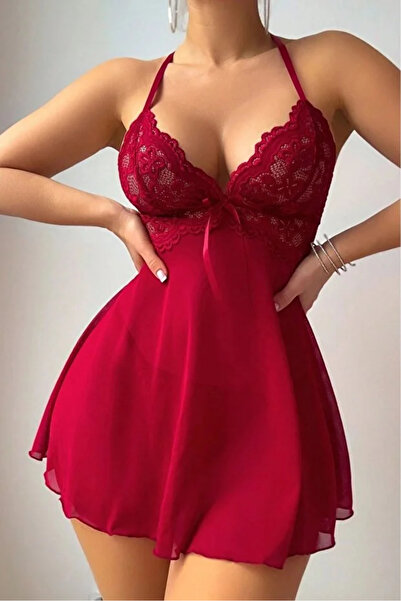 Bleu Petite Burgundy Thin Strap Transparent Tulle Nightgown Thong Set