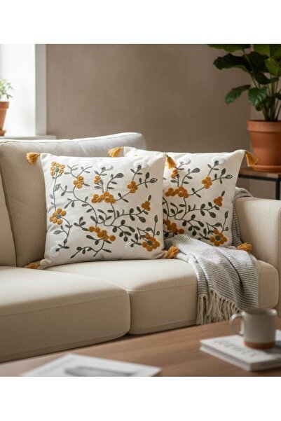 Cotton غطاء وسادة مزخرف بنقوش الزهور مكون من قطعتين