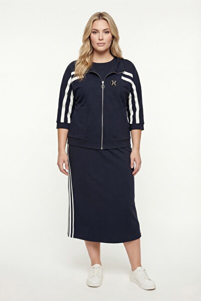 EXİTLİNE Women's Navy Blue Seasonal Zippered Dress-Jacket Set with Accessorie...