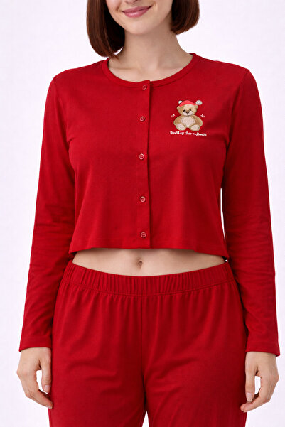 sleeproom Teddy Bear Printed Buttoned Long Sleeve Women's Pajama Set – Crop M...