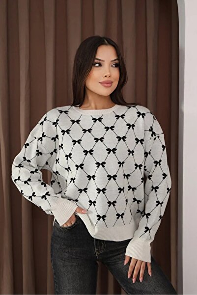 LOS FECHKA Round Crew Neck Bow Tie Bowknot Argyle Jacquard Long Sleeve Standa...