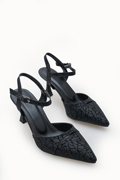 Riccon Women's Pointed Toe Open Back Thin Heeled Shoes 0012727 Black Textured