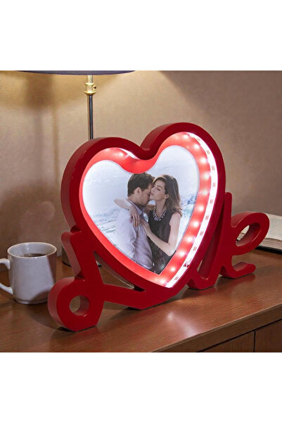hediye Love Yazılı Led Işıklı Kişiye Özel Fotoğraflı Sihirli Ayna Kırmızı-Bey...