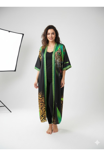 ARDSU Caftan și kimono de lux cu figurină de leopard brodată cu pietre de cri...
