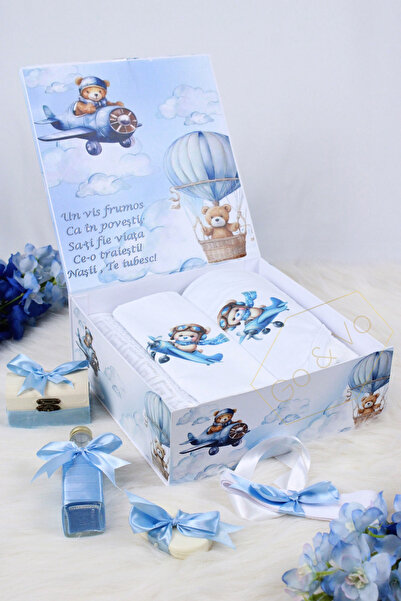 GoVo Kids Trusou botez Baietel, Ursulet Aviator – Set botez, 8 piese, Cadou Nasi
