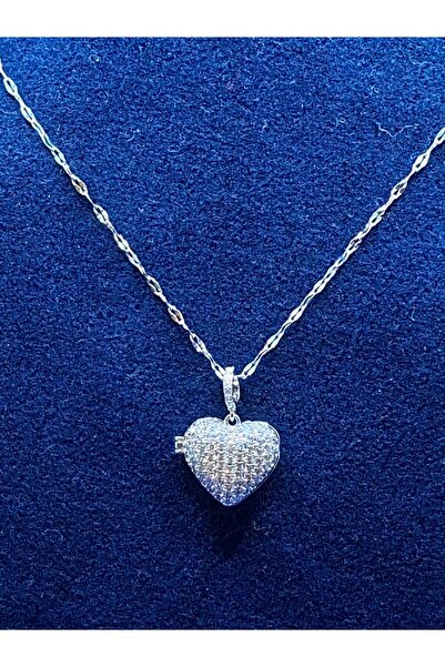 luveay jewelry Gümüş Kaplama Fotoğraf Konulabilir Kalp Kolye Kristal Taşlı Aç...