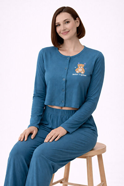 sleeproom Teddy Bear Printed Buttoned Long Sleeve Women's Pajama Set – Crop M...