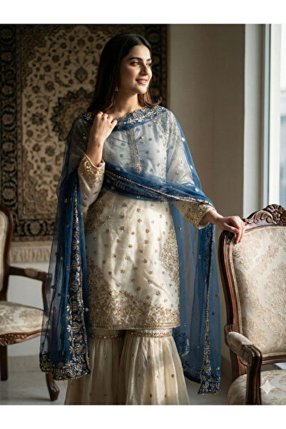 MYSMAR Blue Fendy Silk Top Sharara & Dupatta - HRT6968 | Blue