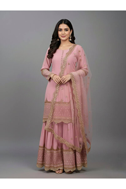 MYSMAR طقم شارارا ودوباتا من قماش جورجيت صناعي ثقيل باللون الوردي الفاتح - FF...