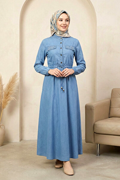 FERHEL Women's Pearl Detailed Hijab Denim Dress - Ice Blue