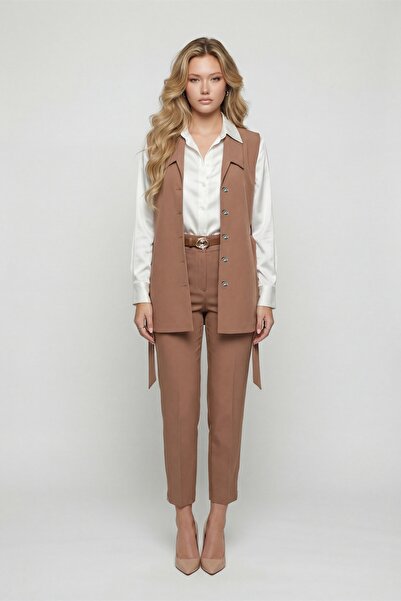 EXİTLİNE Women's Tan Seasonal Belted Buttoned Classic Pants-Jacket Set
