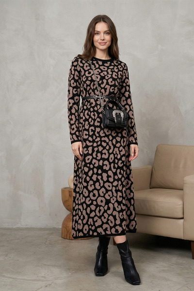 FERHEL Crew Neck Leopard Patterned Knitwear Dress