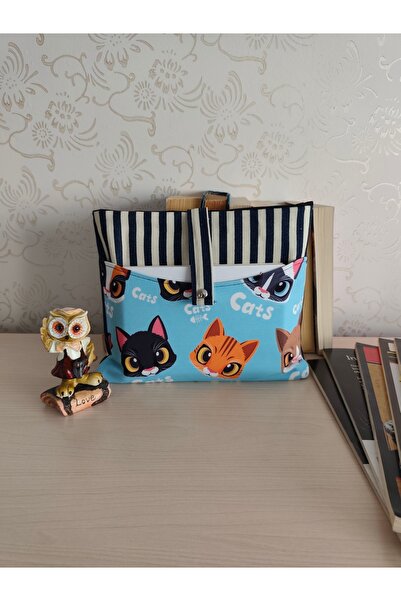 Talay Accessories Kedi Desenli Kitap Kılıfı Çanta | Çıtçıt Kapamalı Kumaş Kit...
