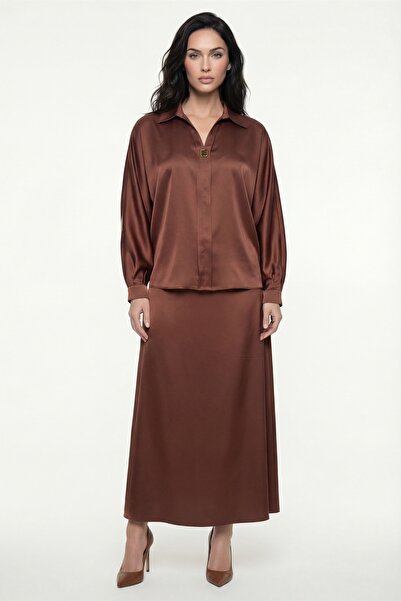 EXİTLİNE Women's Brown Summer Satin Top and Bottom Set with Belt and Accessories