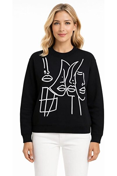 CHEVALIER FASHION Women’s Black Graphic Sweatshirt – Abstract Face Print, Lon...