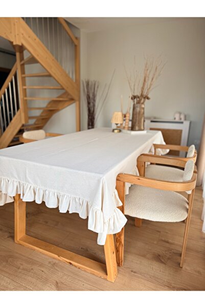 KaiAtelier Natural Linen Checkered Ruffled Tablecloth