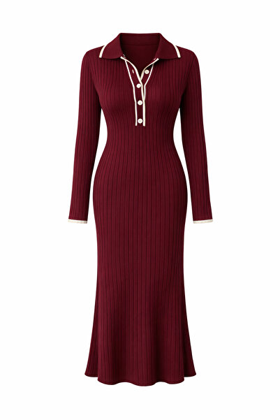 Julidress Polo Collar Button Detailed Maxi Long Length Premium Knitwear Dress