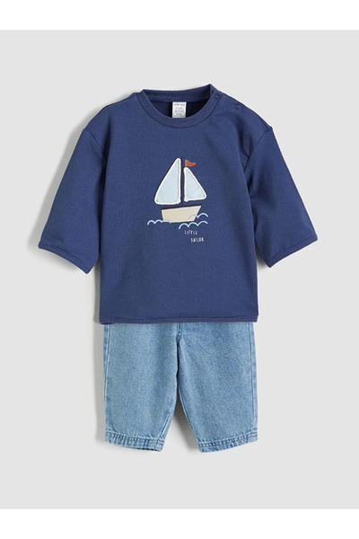 LC Waikiki Lcw Baby Navy Blue Printed Baby Boy Sweatshirt and Pants Set