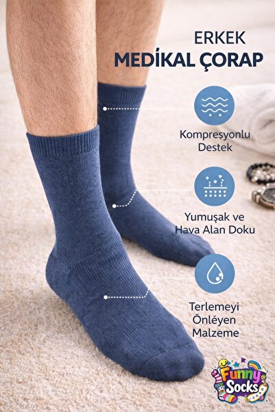Funnysocksonline Erkek Medikal Çorap 3’lü Set – Lastiksiz & Dikişsiz Konfor Mavi