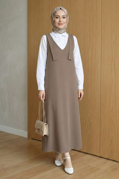 FERHEL Women's Tie-Shoulder V-Neck Dabıl Fabric Long Jile - Light Brown