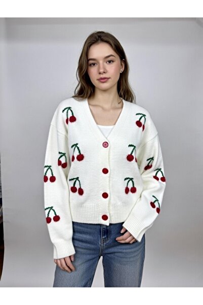 ERVA PEYSAJ Cherry Patterned V-Neck Cardigan