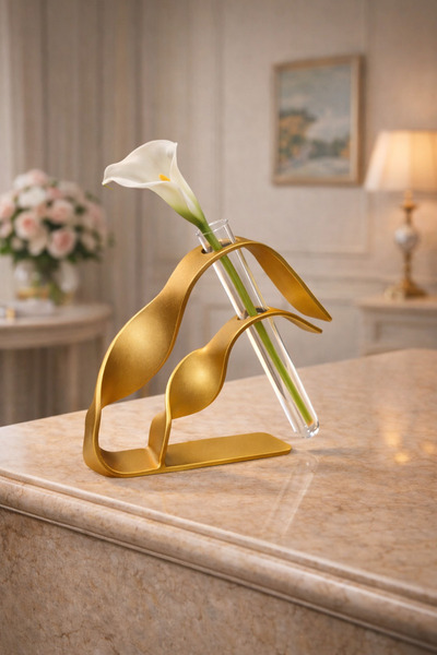 fromro LEAFLINE Minimalist Vase with Test Tube for Plants - Matte Gold