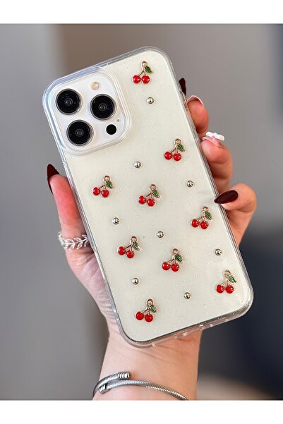 MİRAZ TASARIM حافظة شفافة لهاتف آيفون 16 برو ماكس مزينة بطلاء إيبوكسي بلون الكرز