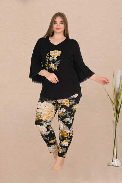 Lady Lingerie Siyah Renk Çiçekli Taytlı Büyük Beden Kadın Pijama Takımı