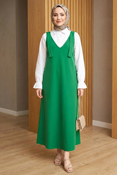 FERHEL Women's V-Neck Dabıl Fabric Long Gilet with Tied Shoulders - Orman Y.