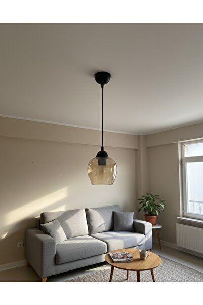 Çabuk Elektrik Modern Siyah Tekli Amber Cam Sarkıt Avize