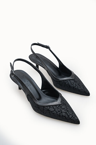 Riccon Women's Pointed Toe Open Back Thin Heeled Shoes 0012207 Black Textured