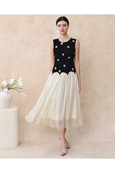 MsfashionX Two-Tone Midi Dress with Flowing Chiffon Skirt – Black & Cream