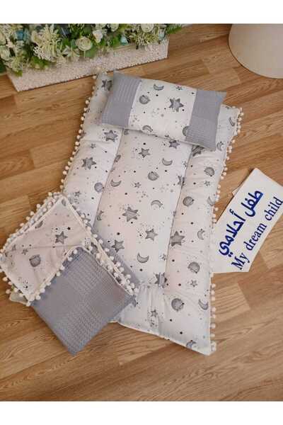 My dream child 3-piece baby set, gray with star pattern, soft baby blanket an...