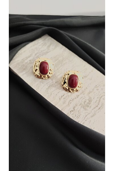 Desire Gold Renk Bordo Taş Detaylı Otantik Küpe