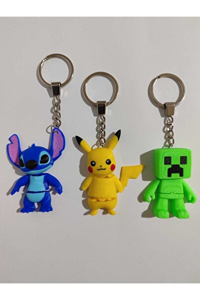 3dArt54 3'lü Oyun ve Anime Kahramanları Hareketli Anahtarlık Seti-Pikachu,Sti...