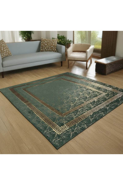 deco marié Yeşil Zeminli Desenli Altın Bordürlü Peluş Halı – Yumuşak Dokulu, ...