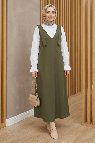 FERHEL Women's Tie-Shoulder V-Neck Dabıl Fabric Long Jile - Khaki