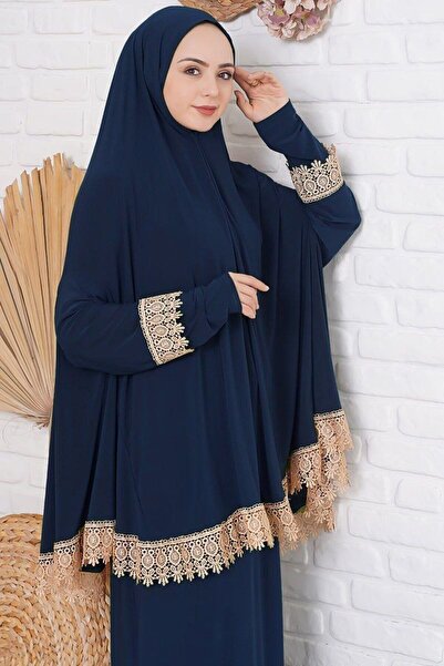 İSTANBULSTYLEMODA 2-Piece Set Lace Prayer Clothes Skirt and Souffle Dark Blue