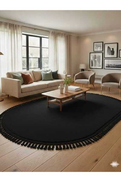 ALTUN CARPET Covor de pluș modern, negru, 300 cm, cu franjuri ovale, antidera...