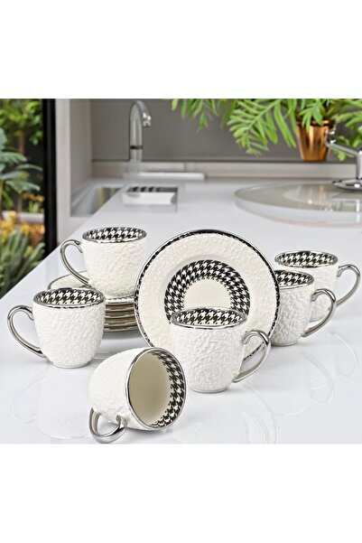 Kosova Çırağan Home Kaz Ayağı Desen Kabartma Model Kahve Fincan Takımı