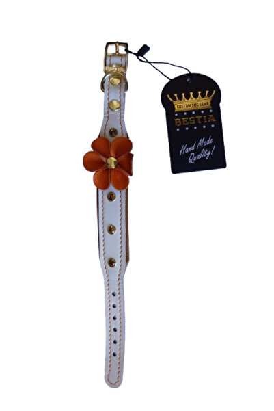 Bestia Flower Collar, Leather, XS: 20-25 cm, White/Brown/Orange