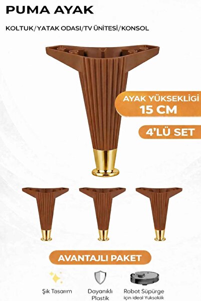 İMT AKSESUAR Puma 15 Cm 4 Adet Ceviz-Altın Robot Süpürge Uyumlu Mobilya Kanep...