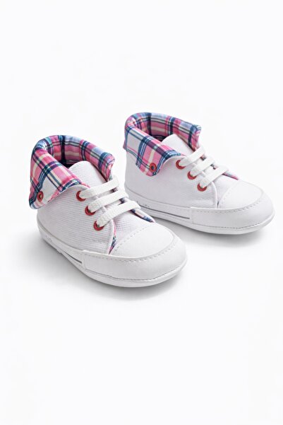 Pure Boutique Tenisi bebelusi albi cu siret talpa flexibila guler carouri sti...