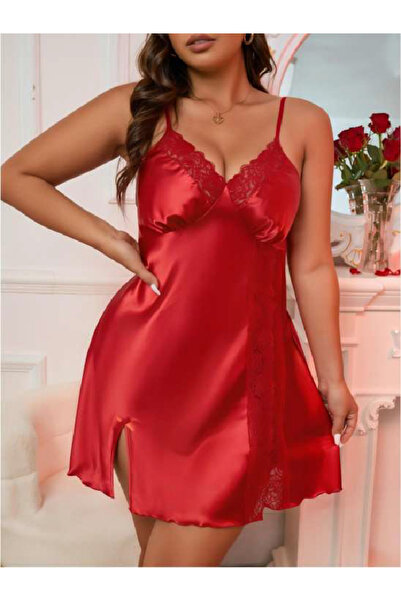 euro click Red Satin Lace Detailed Slit Nightgown – Stylish & Feminine Design