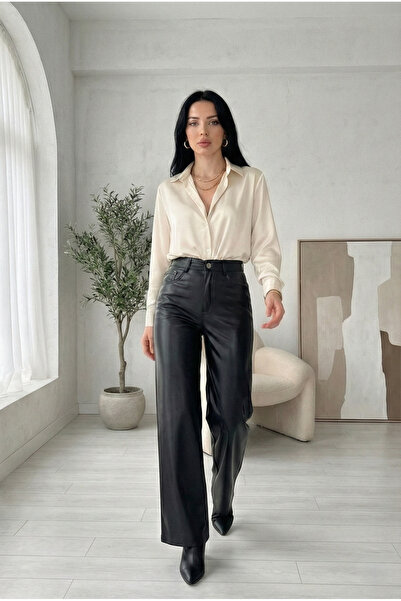 Vovikon Black Wide Leg Premium Leather Trousers