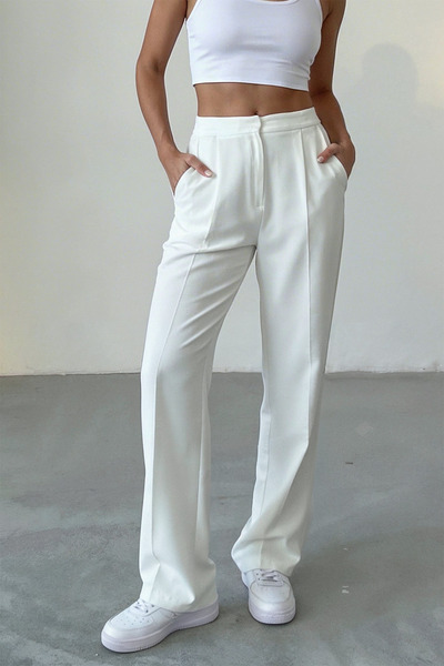Hersteller Kadın Beyaz Bol Kesim Palazzo Pantolon Yüksek Bel Pileli Kumaş Pan...